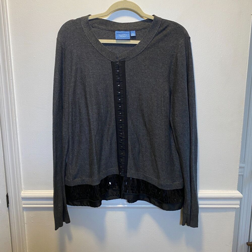 Embellished Sequin Hem Sweater XL Chiffon Trim Pullover Simply Vera Gray